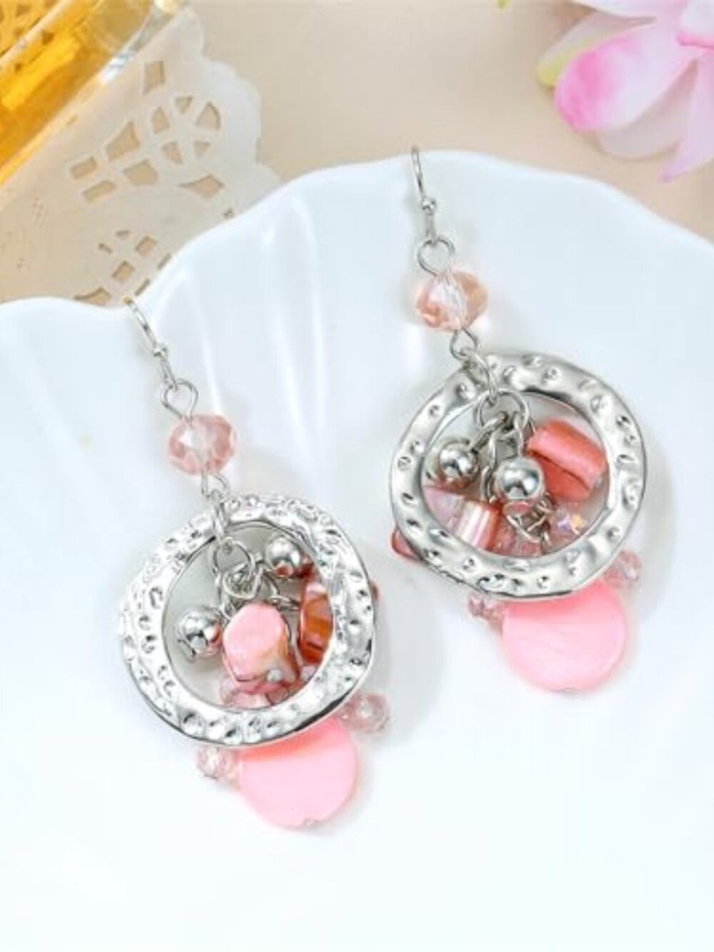 Natural Sea Shell Cluster Earrings for Women, Statement Metal Hoop Crystal